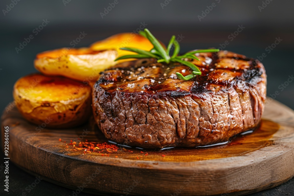 A delicious grilled steak served with roasted potatoes and garnished with herbs. A delicious grilled steak served with roasted potatoes and garnished with herbs.