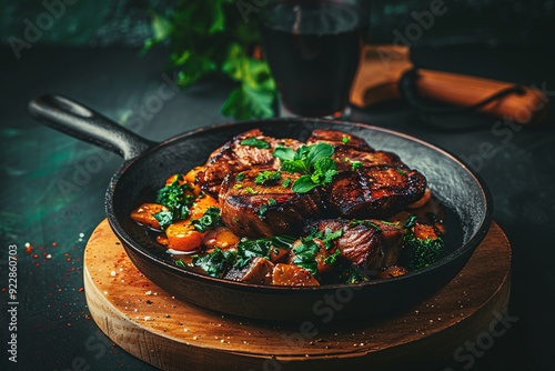 A delicious plate of grilled meat served with vegetables, garnished with herbs, and a glass of wine.