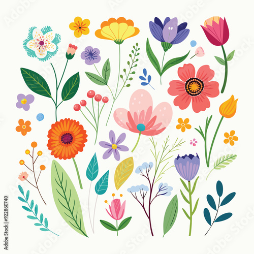 Seamless colorful floral pattern with flowers, leaves, and plants perfect for spring and summer nature-inspired designs