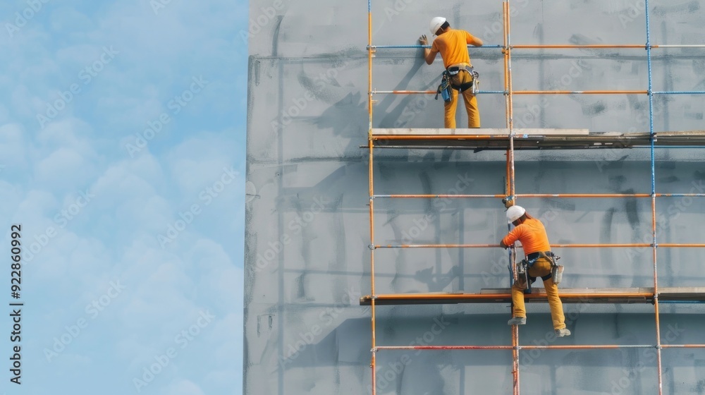 Construction workers in safety harnesses and gear installing exterior cladding or finishes on a building using a scaffolding system Construction workers in safety harnesses and gear installing exterior cladding or finishes on a building using a scaffolding system