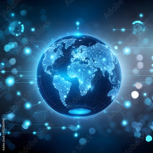 A futuristic digital globe and world map with communications and network. Technology concept background