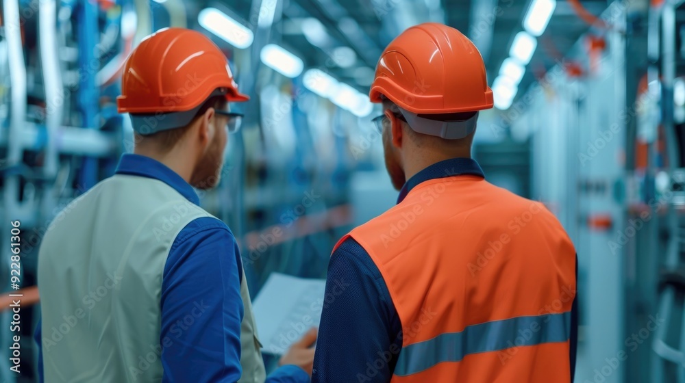 Technicians in safety helmets and uniforms installing smart home automation systems in a modern high tech warehouse with racks of inventory and machinery visible in the background Technicians in safety helmets and uniforms installing smart home automation systems in a modern high tech warehouse with racks of inventory and machinery visible in the background