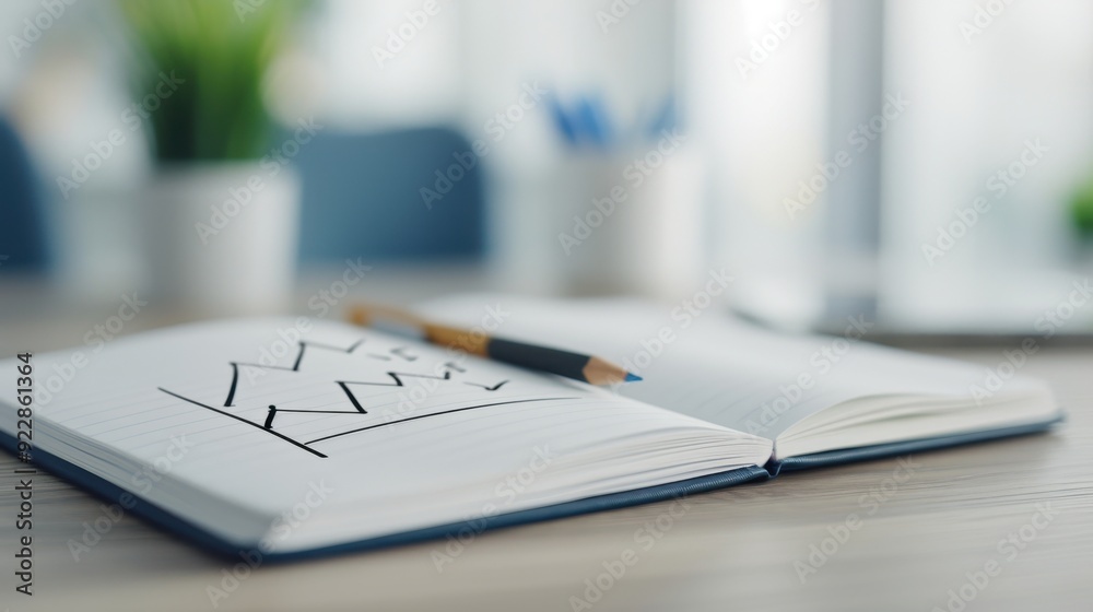 A close-up view of an open notebook with a graph sketch and a pencil, set in a modern office environment. A close-up view of an open notebook with a graph sketch and a pencil, set in a modern office environment.