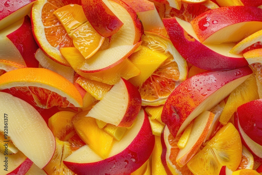A vibrant assortment of sliced fruits, including apples and oranges, arranged artfully.