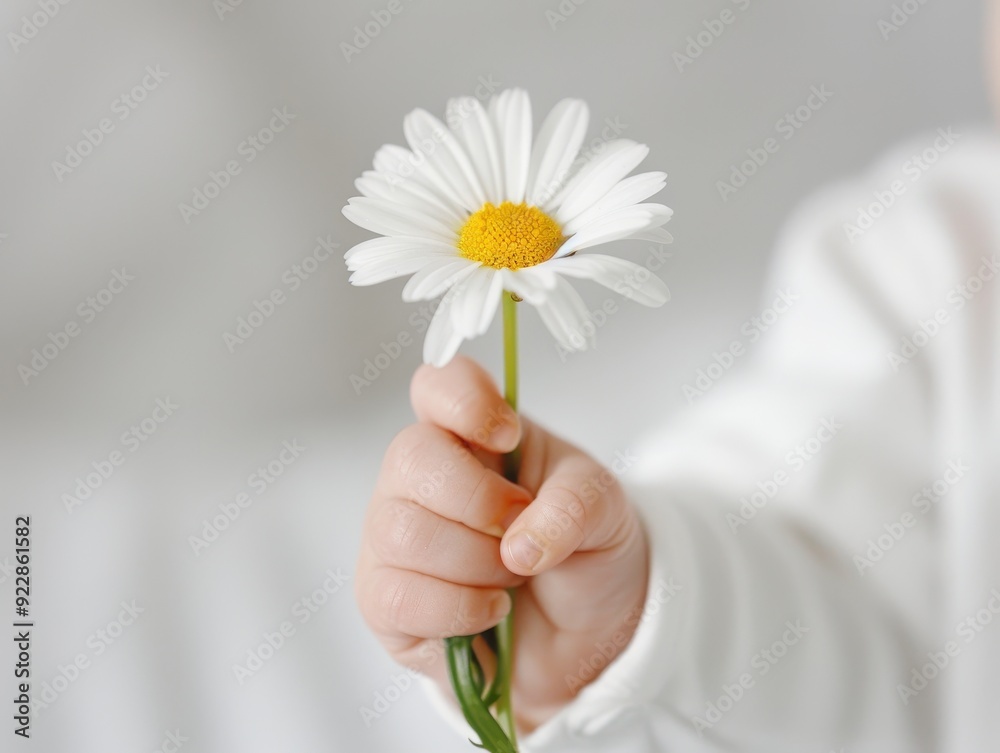 A sweet child's hand holding a delicate daisy flower, symbolizing innocence and purity in a soft, serene setting. A sweet child's hand holding a delicate daisy flower, symbolizing innocence and purity in a soft, serene setting.