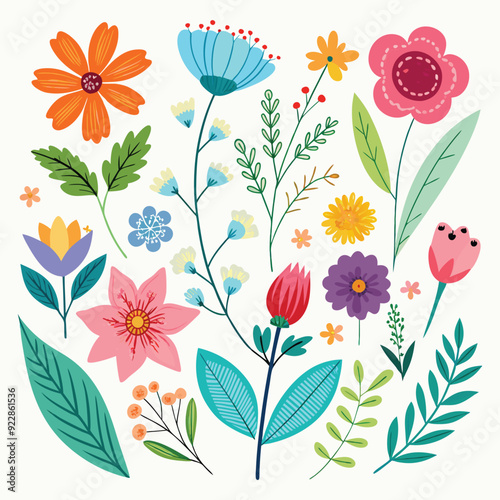 Seamless floral pattern with blooming summer flowers, leaves, and artistic botanical elements