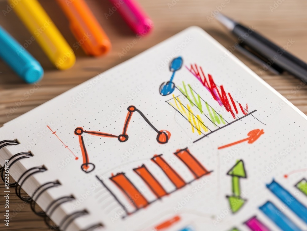 Colorful graphs and charts sketched in a notebook, showcasing data analysis and creative ideas for presentations or reports.