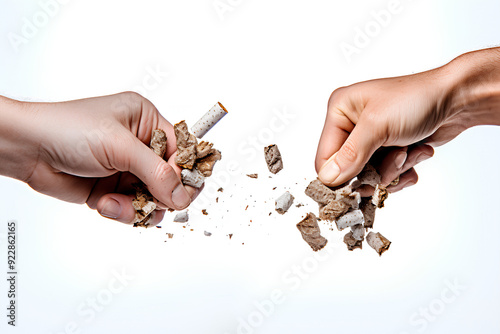 Hand smashing cigarettes against white background for medical and smoking concepts