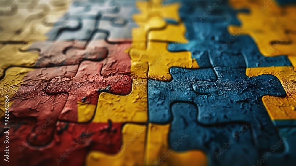Close up of a multicolored jigsaw puzzle. Selective focus, AI generated Close up of a multicolored jigsaw puzzle. Selective focus, AI generated