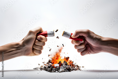 Hand smashing cigarettes against white background for medical and smoking concepts