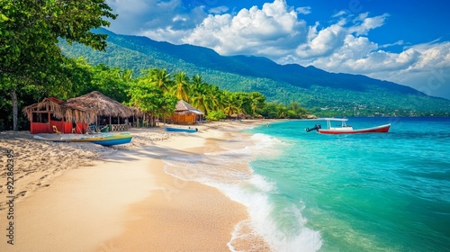 picturesque tropical beach scene with vibrant, colorful huts lining the shoreline.