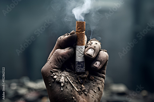 hand with a cigarette butt stubbed out amidst ash people smoke cigarette look like trying to commit suicide In the day, World No Tobacco Day. please quit or stop smoke for good health photo