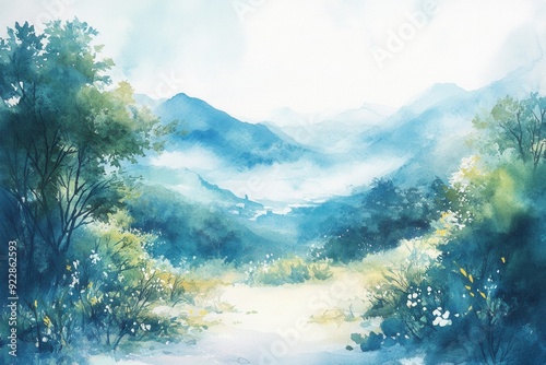 A serene watercolor painting of a lush mountain landscape enveloped in mist.