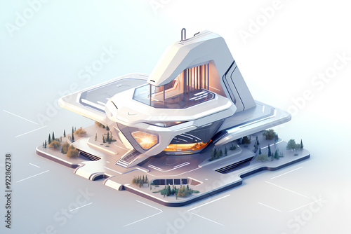Isometric futuristic sci-fi architecture, future city building. 3D rendering of an isometric platform of a modern building. An illustration of futuristic new architecture in space.
