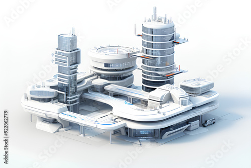Isometric futuristic sci-fi architecture, future city building. 3D rendering of an isometric platform of a modern building. An illustration of futuristic new architecture in space.