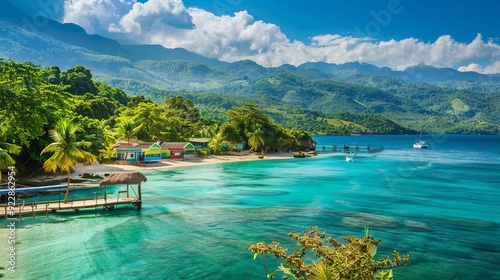 picturesque tropical beach scene with vibrant, colorful huts lining the shoreline.