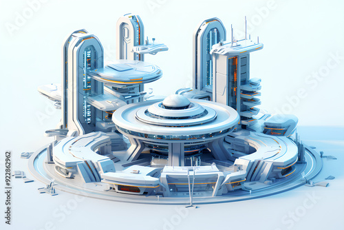 Isometric futuristic sci-fi architecture, future city building. 3D rendering of an isometric platform of a modern building. An illustration of futuristic new architecture in space.