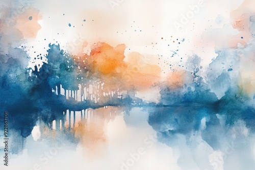 Abstract watercolor depicting a serene lakeside scene with trees, in blue and orange hues.