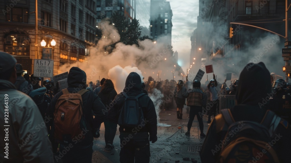 Fototapeta premium group of people in a demonstration at night with smoke or fog in the middle of a city in a riot