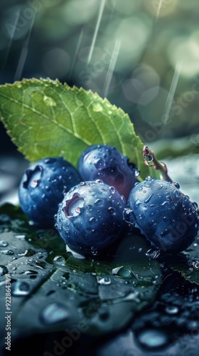Wallpaper Mural Fresh blueberries with water droplets on a leaf, creating a natural and refreshing aesthetic. Torontodigital.ca