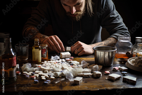 Men addicted to pills, alcohol, and cigarettes photo