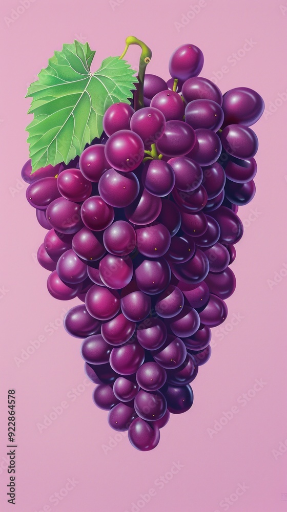 A vibrant illustration of a bunch of purple grapes with a green leaf on a pink background. A vibrant illustration of a bunch of purple grapes with a green leaf on a pink background.