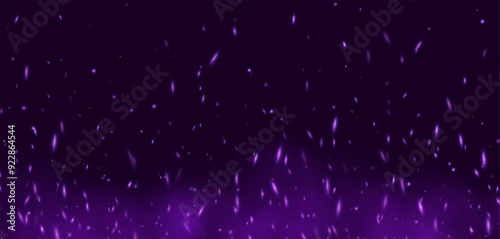 Purple flame with sparks, fire with flying cinder, abstract glowing embers, heat sparkles, bokeh fire texture. Vector illustration.