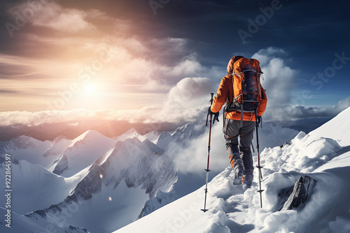 Mountaineer walking up along a snowy ridge with the skis in the backpack. In background a shiny bright sun.