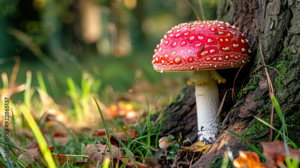 Beautiful red fly agaric growing among the grass Beautiful red fly agaric growing among the grass