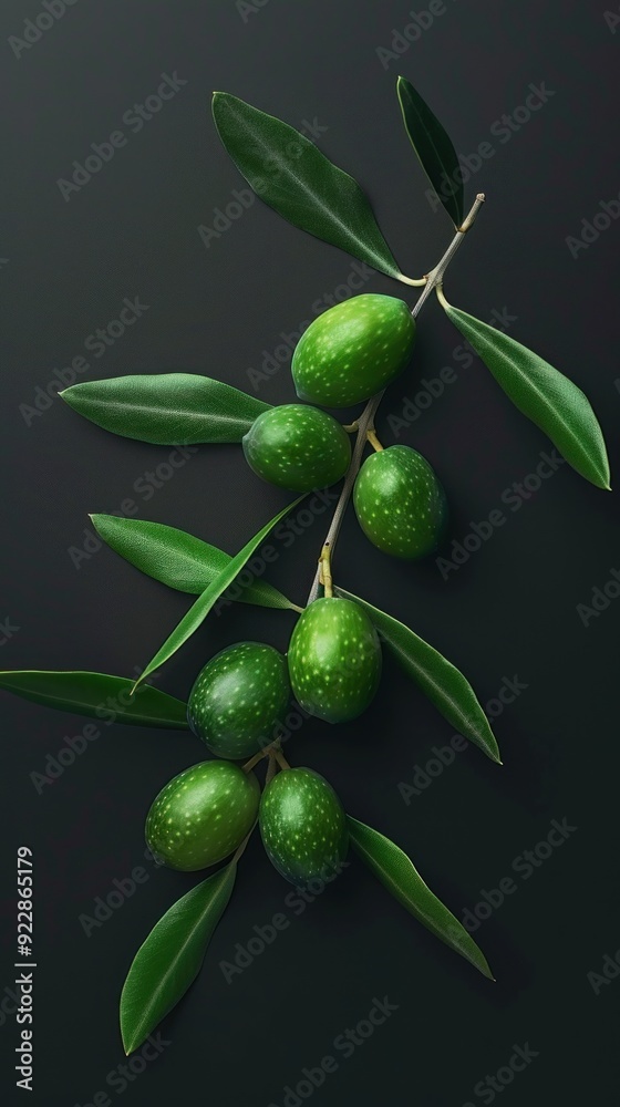 A branch with green olives and leaves arranged on a dark background. A branch with green olives and leaves arranged on a dark background.