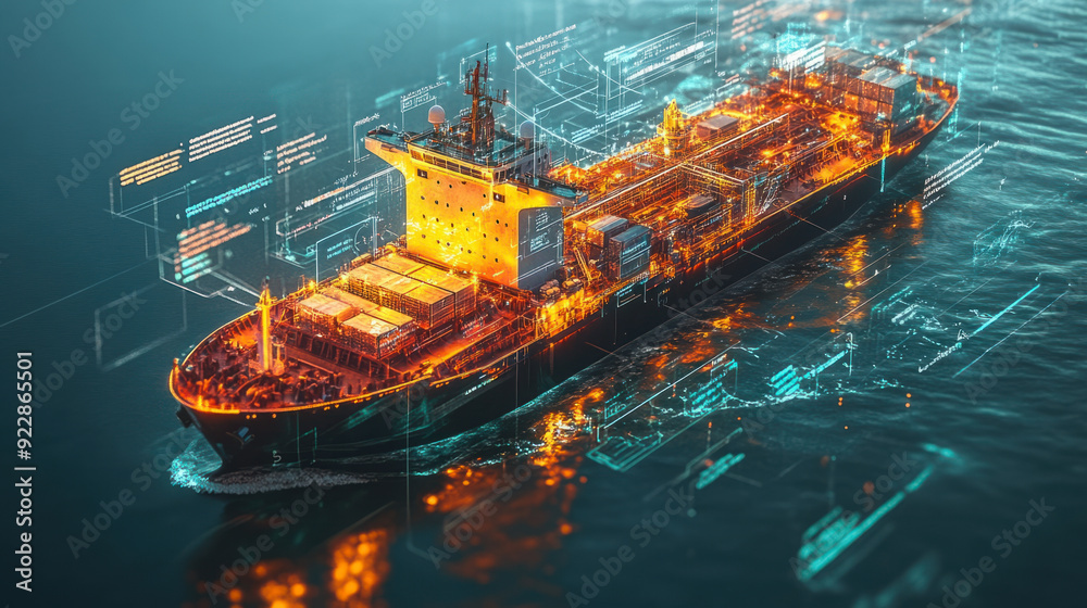Blockchain Integration Logistic, Visualize a futuristic cargo ship rendered in holographic form, navigating a serene sea. Interactive annotations detailing blockchain features Blockchain Integration Logistic, Visualize a futuristic cargo ship rendered in holographic form, navigating a serene sea. Interactive annotations detailing blockchain features