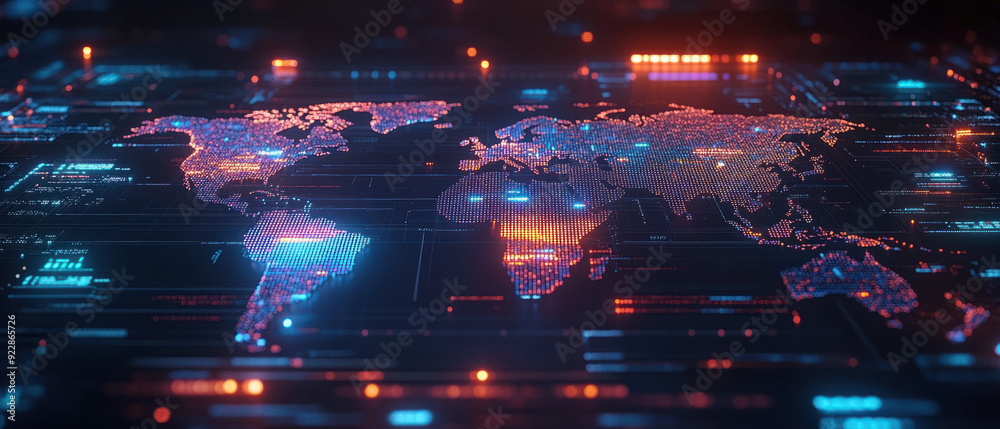 AI Global economic, Close-up view of a digital economic world map, featuring bright, hovering hologram annotations that highlight trade routes and economic hubs. The setting is a AI Global economic, Close-up view of a digital economic world map, featuring bright, hovering hologram annotations that highlight trade routes and economic hubs. The setting is a