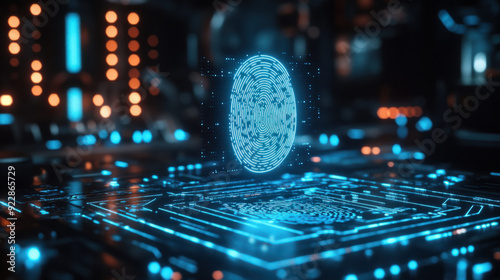 Digital fingerprint, In a sleek, modern workspace, a holographic fingerprint icon floats above a complex digital circuit interface. The circuits around the icon flash with electric