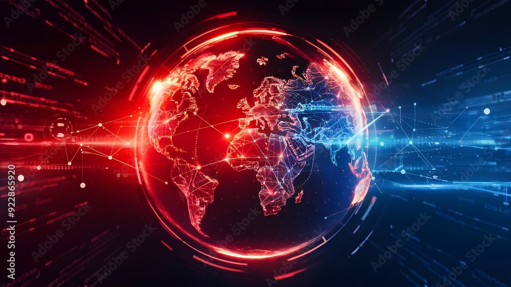 A futuristic digital globe and world map with communications and network. Technology concept background