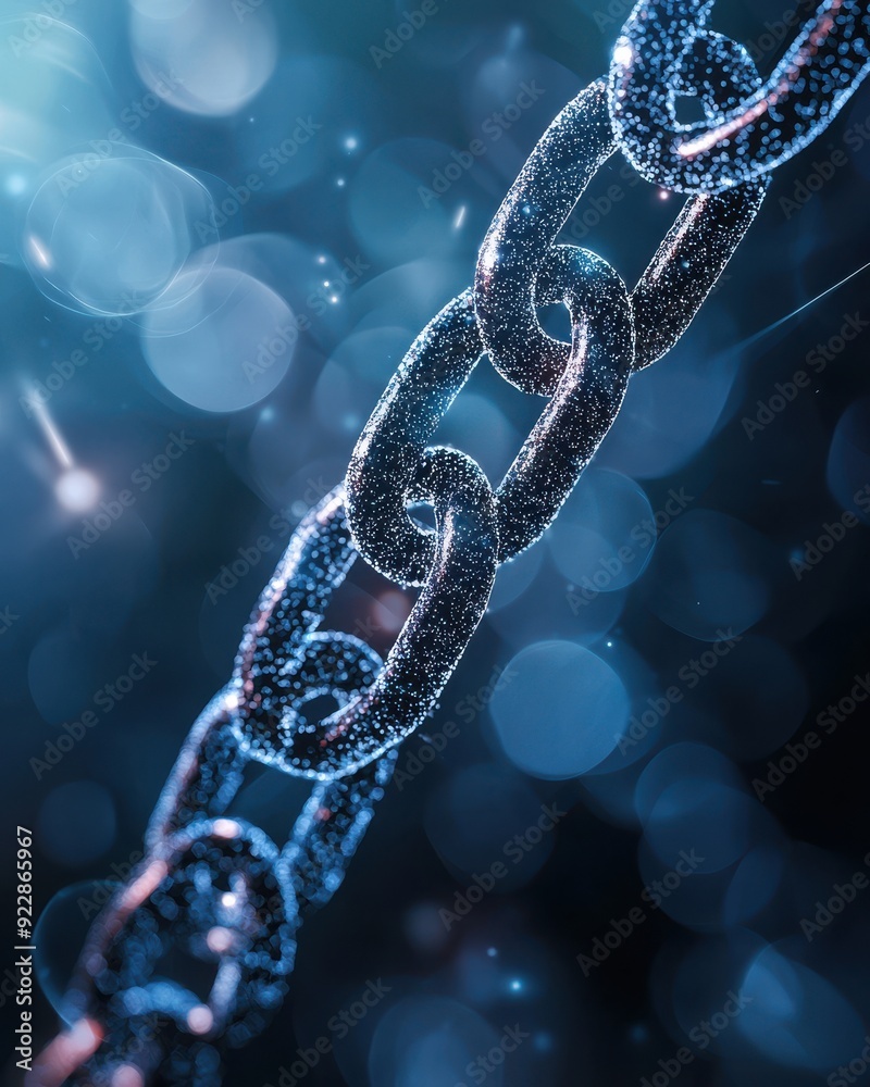 Close-up of a sparkling chain against a blue bokeh background, symbolizing strength and connection in a dreamlike atmosphere.