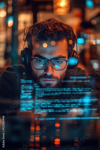 Ethical hacking,  An ethical hacker using a laptop in a coffee shop, showcasing a Bluetooth attack simulation on the screen. People are casually chatting around, unaware of the