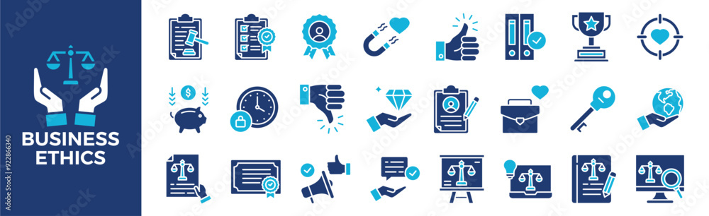 Business Ethics icon collection set. Containing design, business, corporate, management, law, company, ethical, and more. Solid vector icons collection. Business Ethics icon collection set. Containing design, business, corporate, management, law, company, ethical, and more. Solid vector icons collection.