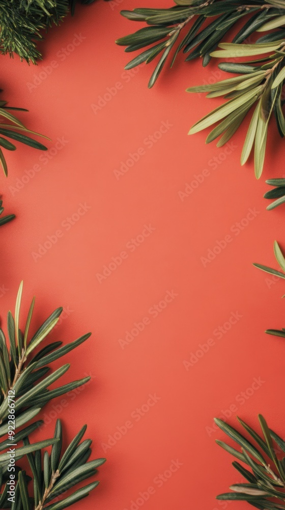 Pine branches create a natural frame on a bold red background, perfect for holiday-themed designs and decorations Pine branches create a natural frame on a bold red background, perfect for holiday-themed designs and decorations
