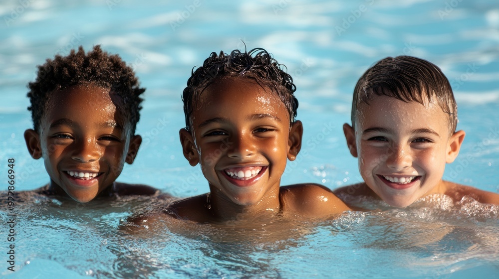 Three happy children splash and laugh while swimming in a vibrant blue pool Three happy children splash and laugh while swimming in a vibrant blue pool