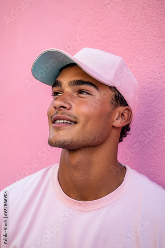 Baseball cap mockup,  Stylish male model displaying a fashionable baseball cap, mid-laugh with head tilted slightly back, set against a dreamy pastel background featuring gentle