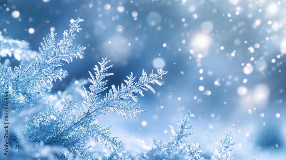 A cool blue holiday background with icy patterns and gentle snowfall A cool blue holiday background with icy patterns and gentle snowfall