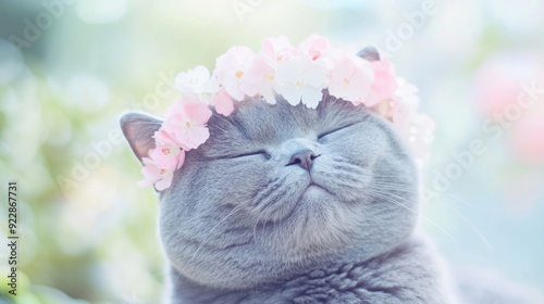 A cheerful cat adorned with a floral crown enjoys the beautiful pastel flower wall photo