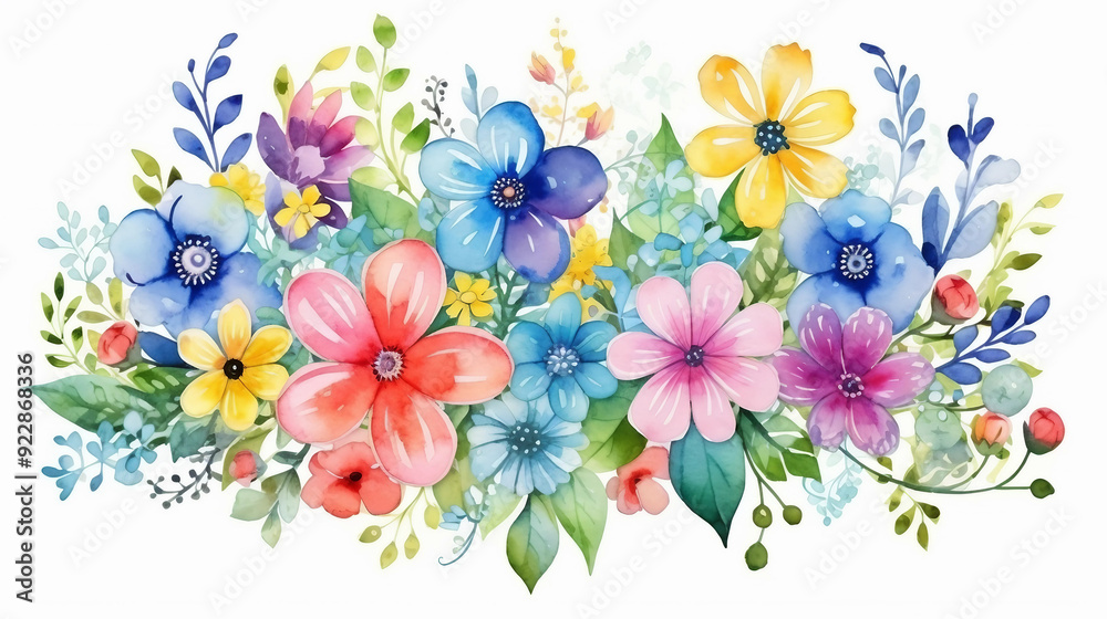 Obraz premium Watercolor rainbow flowers and green leaves