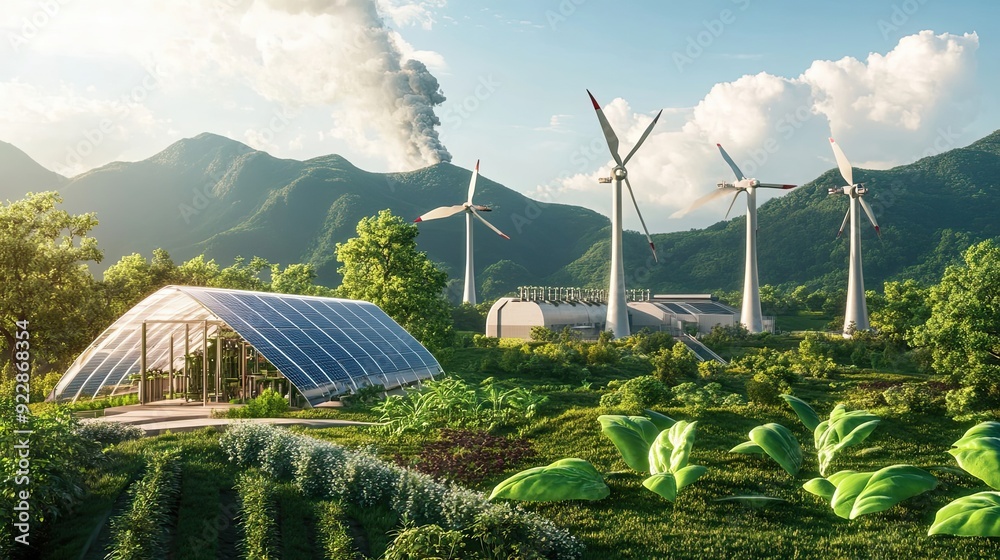 Sustainable Farm with Wind Turbines, Solar Panels, and Greenhouse Sustainable Farm with Wind Turbines, Solar Panels, and Greenhouse