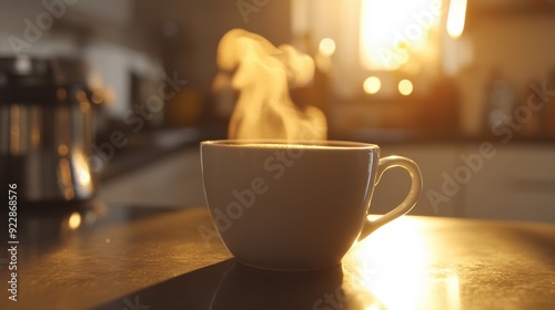 A steaming cup of coffee sits on a countertop, bathed in warm morning light, inviting relaxation and comfort