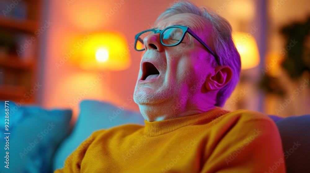A man sits on a couch, yawning deeply while feeling tired in his living room at night A man sits on a couch, yawning deeply while feeling tired in his living room at night