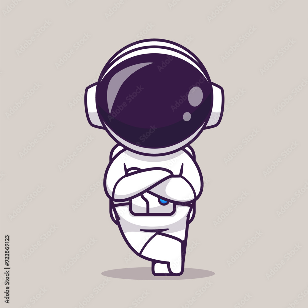 Obraz premium Cute Astronaut Standing With Folding Hand Cartoon Vector Icon Illustration Science Technology Icon Concept Isolated Premium Vector. Flat Cartoon Style