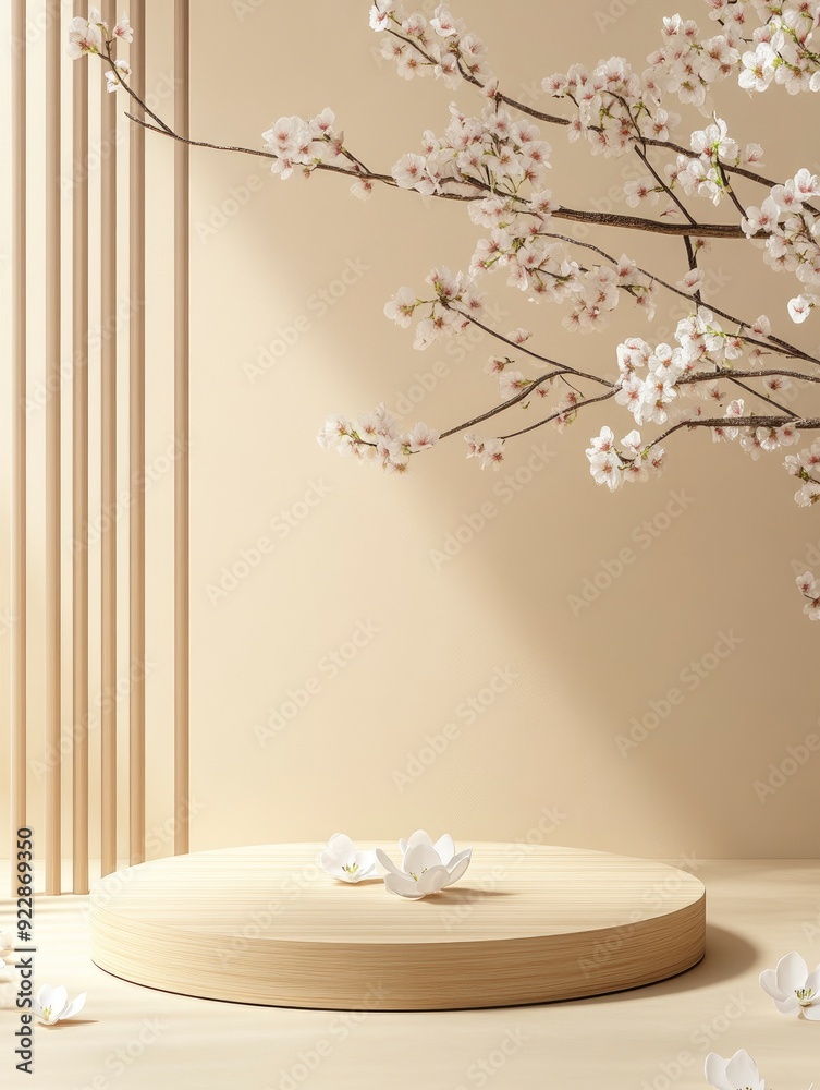 Geometric empty podium wooden platform stand for product presentation and spring flowering tree branch with white flowers on pastel beige background with generative ai Geometric empty podium wooden platform stand for product presentation and spring flowering tree branch with white flowers on pastel beige background with generative ai