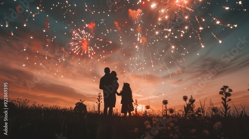 A family photo shoots fireworks, lighting up the night sky with colors to celebrate the New Year.