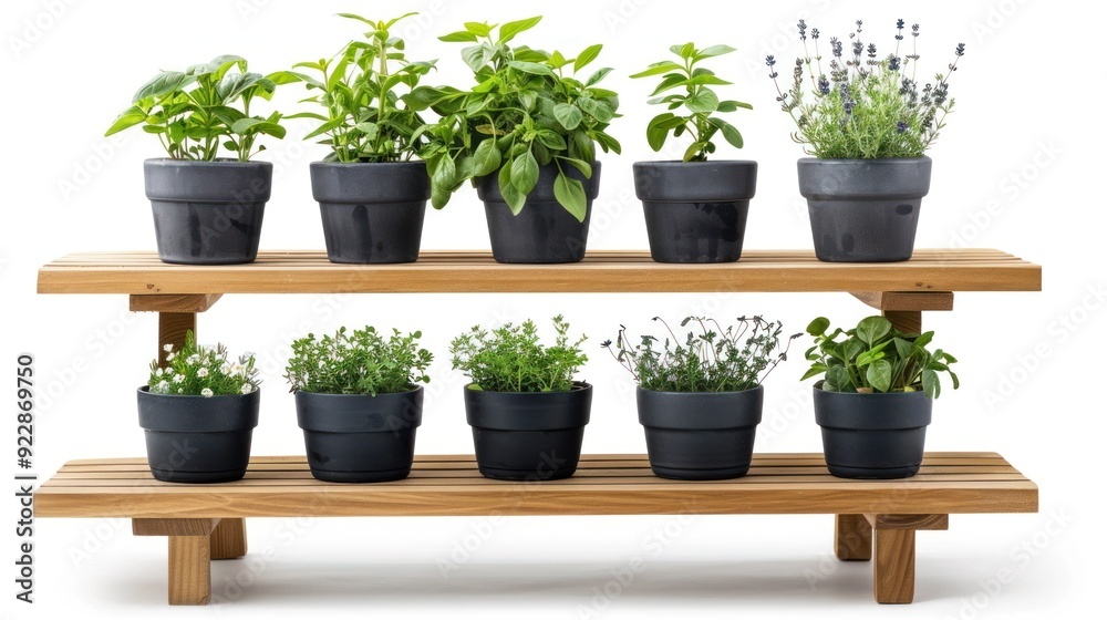 Fototapeta premium Multi-tiered garden shelf with herb and flower pots, isolated on white background.